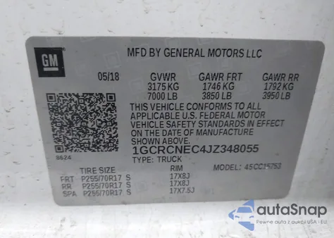 2018 Chevrolet Silverado 1500 Wt z USA, uszkodzony, nr VIN 1GCRCNEC4JZ348055